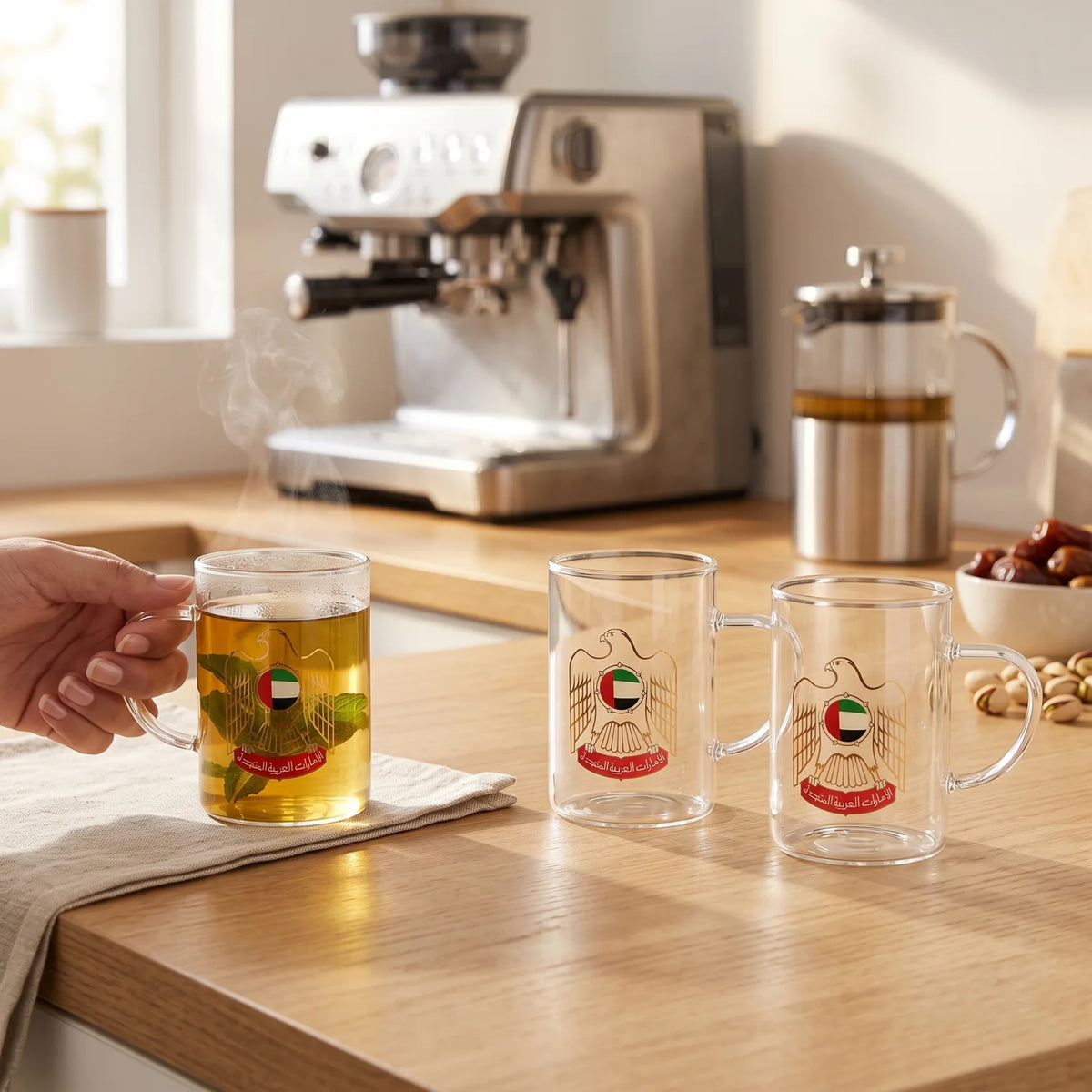 HOME ELEGANCE UAE national 3 pieces glass set – 3 Glass Mugs with Handles, UAE Flag and Falcon-Themed Decoration