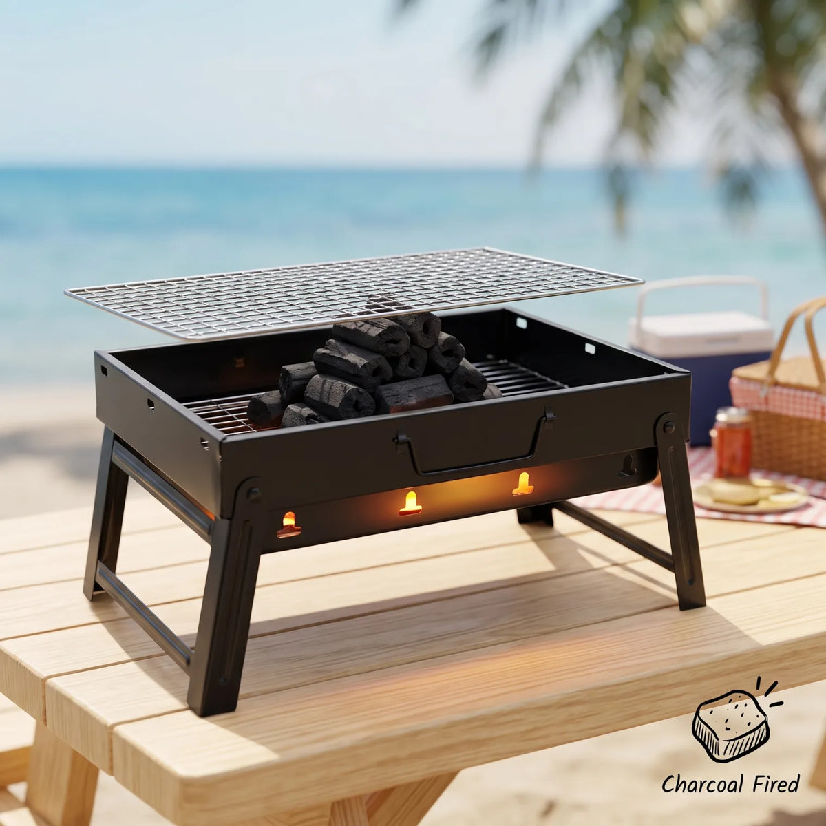 Portable Barbeque Charcoal Grill Black – 39 x 28 x 20cm | Metal Cooking Grate, Four-Leg Stand, Ventilation Openings for Camping & Picnics