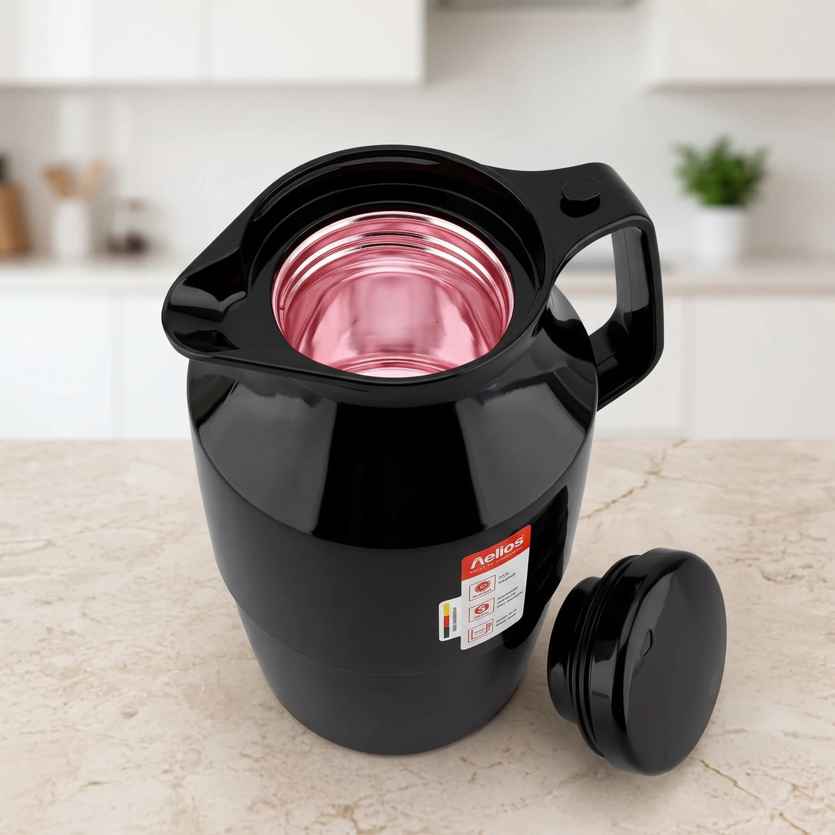 Helios German-made Black vaccum flask – 2.0 Liters | Plastic Body | Leak Proof | Keeps Tea & Coffee Hot or Cold