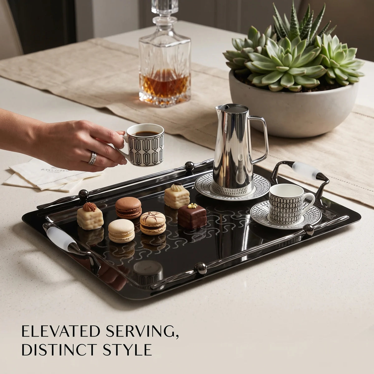 Ansa Luxury Metal Serving Tray – 47 x 32 x 14cm | Geometric Pattern, Raised Rim and Side Handles | Multiple Colour Options - Black - White - Image 3