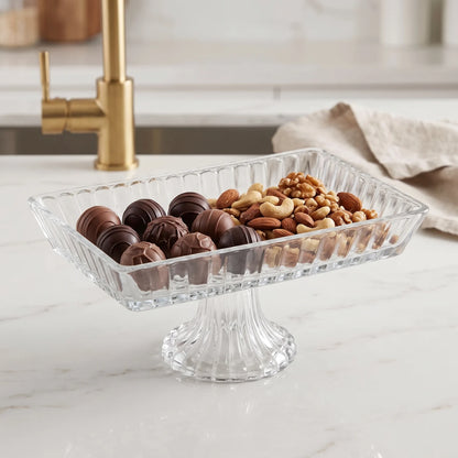 Rectangular Glass Pedestal Serving Stand 20 x 13 x 9 cm – Fluted Rim, Geometric Texture, Fruit, Nut & Dessert Display