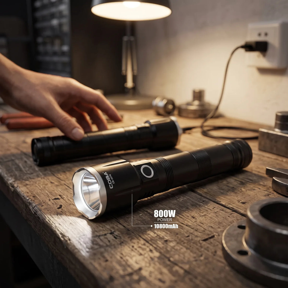 COBA LED aluminium alloy flashlight (2pcs) – Black 23cm Fast-Charging Torch with 800W Power, 10800mAh Marking and Ribbed Grip