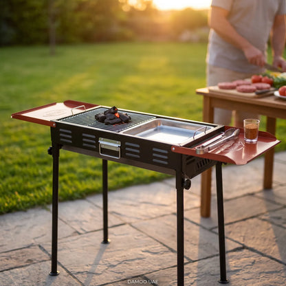 Portable Folding Stainless Steel Charcoal Barbecue Grill with Red Side Shelves and Removable Legs – Outdoor Cooking Grill