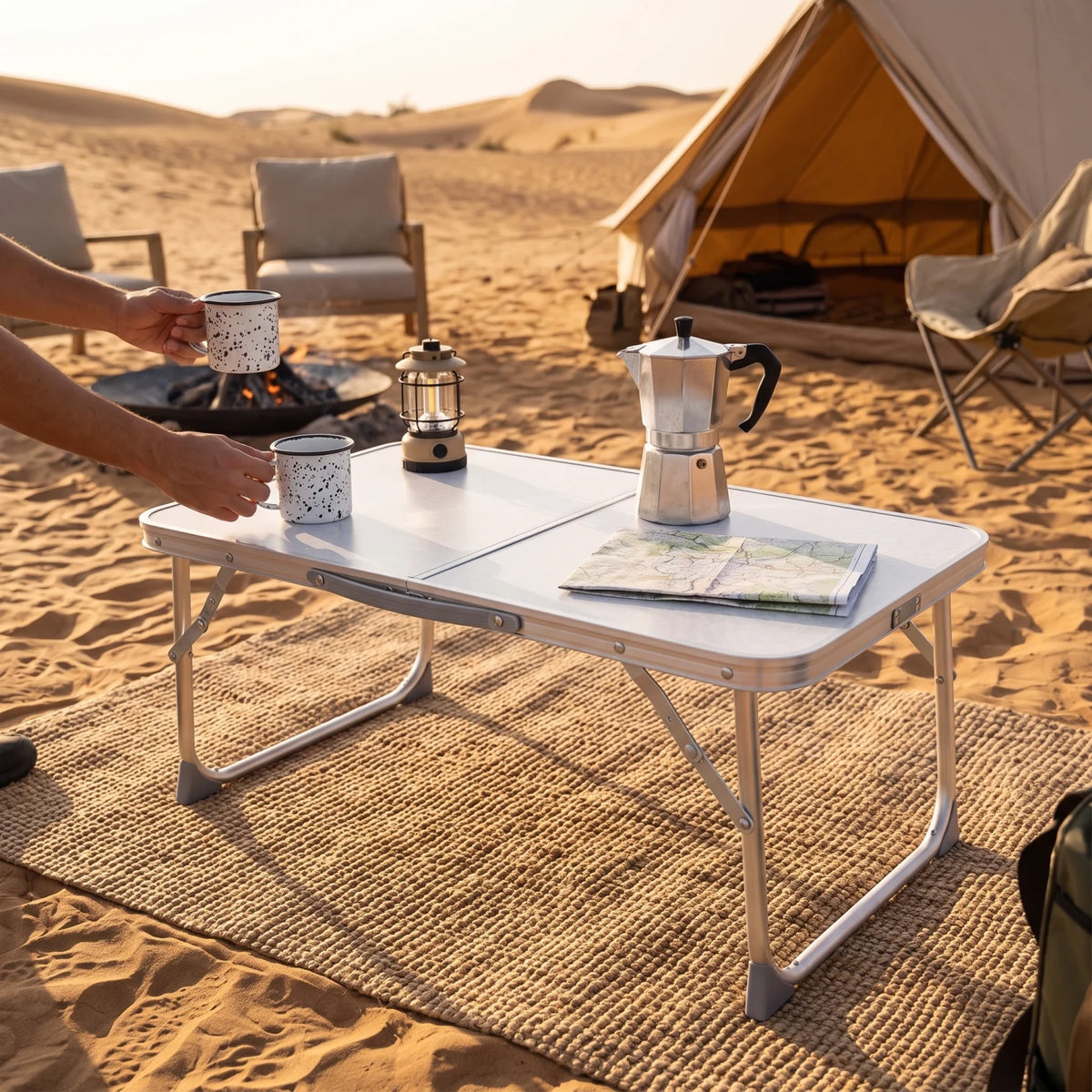 Aluminium Alloy Foldable Camping Table – 24 H x 34 W x 56 L cm | Rounded-Corner Outdoor Table with Folding Legs and Support Braces