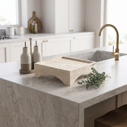 Natural Travertine Marble Tray Stand – 19 x 19 x 7 cm | Raised-Edge Decorative Display Stand
