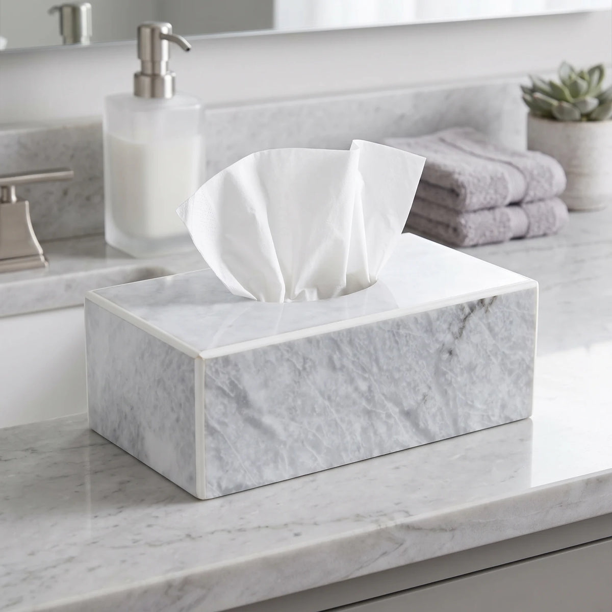 Marble Tissue Box – 25cm White and Gray Rectangular Design with Oval Top Opening