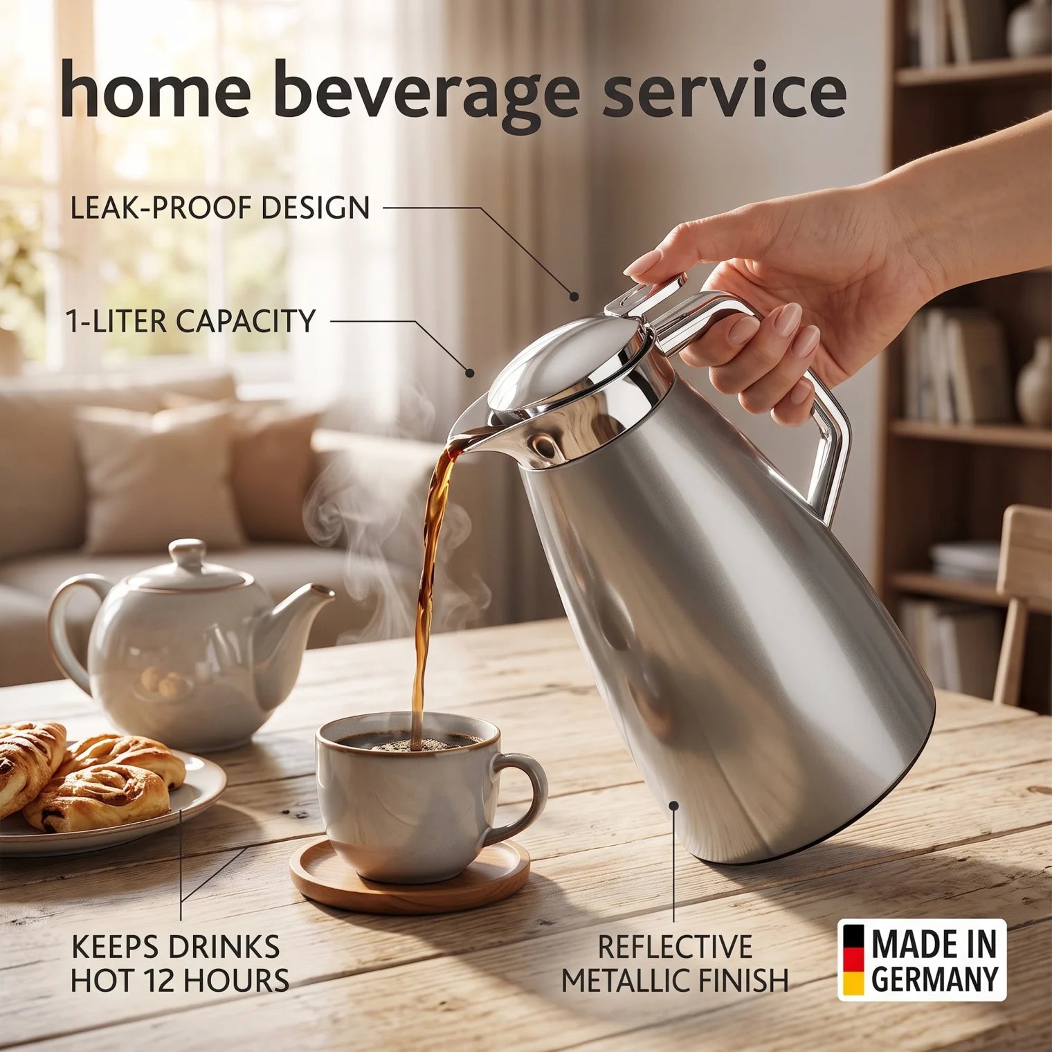 Emsa Plaza Vacuum Flask (Aroma Diamond) 1 Liter – Leak-Proof Tea & Coffee Flask | Keeps Drinks Hot 12 Hours and Cold 24 Hours