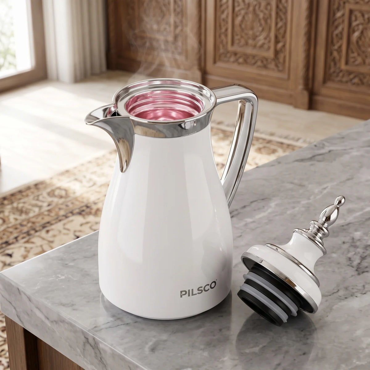 PILSCO Stainless Steel Arabic Coffee Flask 0.7L – 12-Hour Hot, 24-Hour Cold, Leak Proof, Pink Glass Interior - White - Silver - Image 3