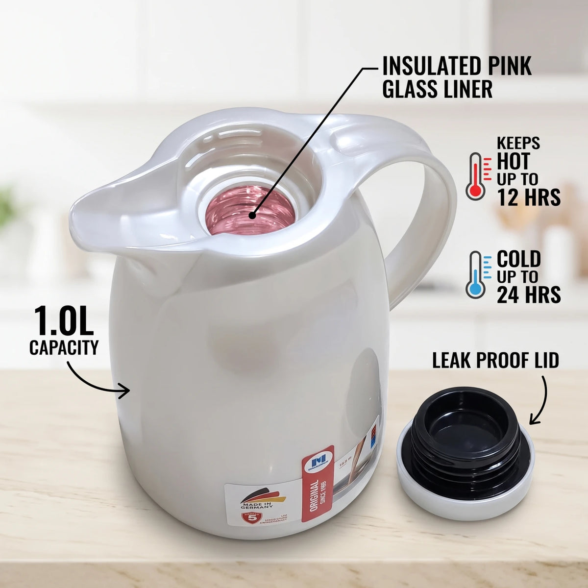 Markutec German-made Pearl White vaccum flask – 1.0 L | Leak Proof | Keeps Tea and Coffee Hot or Cold