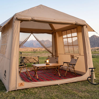 SAN ZHE LION Dark Beige Large Inflatable Tent – 195 x 220 x 220 cm | Mesh Windows, Door and Peaked Roof | Outdoor Camping Shelter