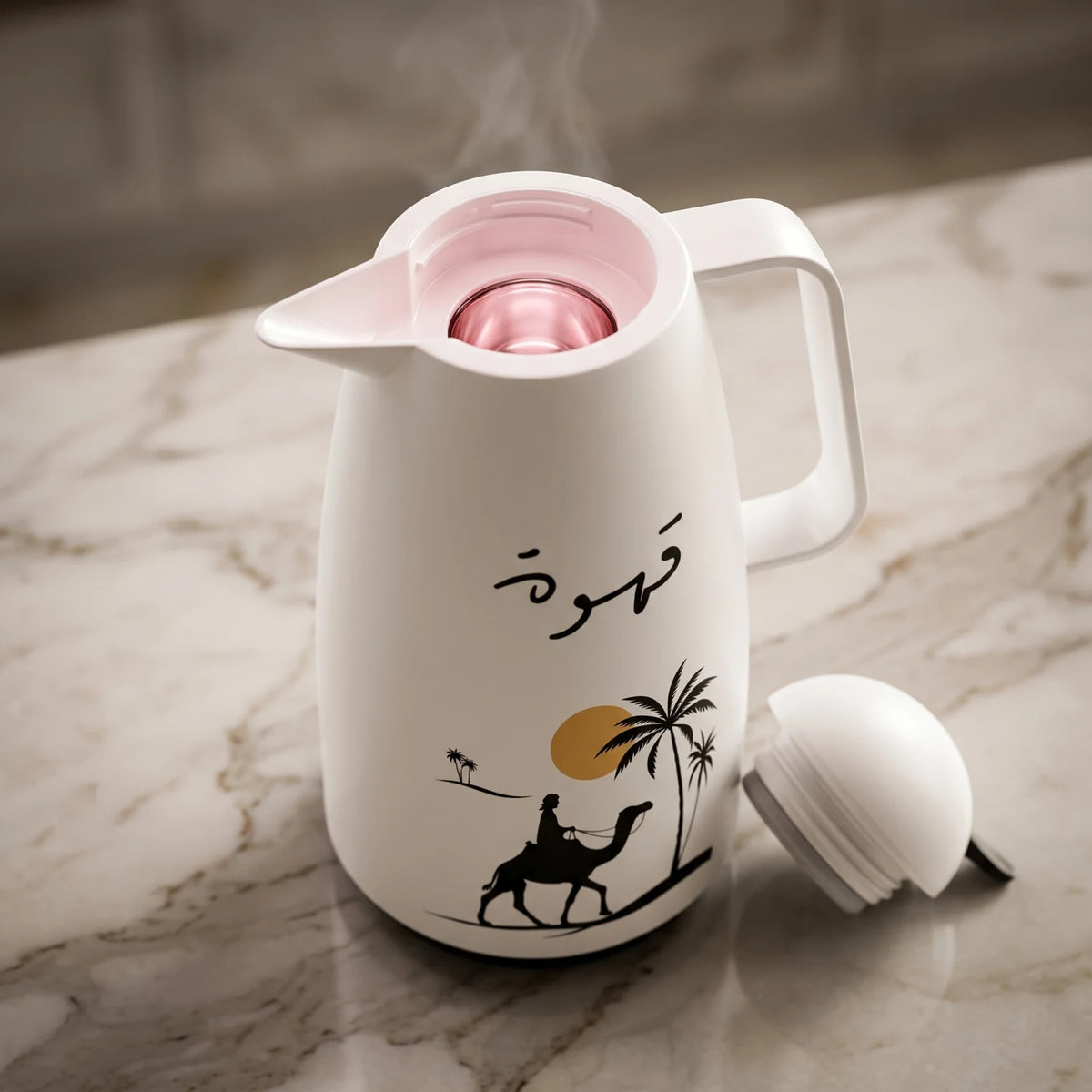 Crystal House white vaccum flask 1 Liter – Black Camel Artwork | Qahwa Calligraphy | Leak Proof Tea and Coffee Flask