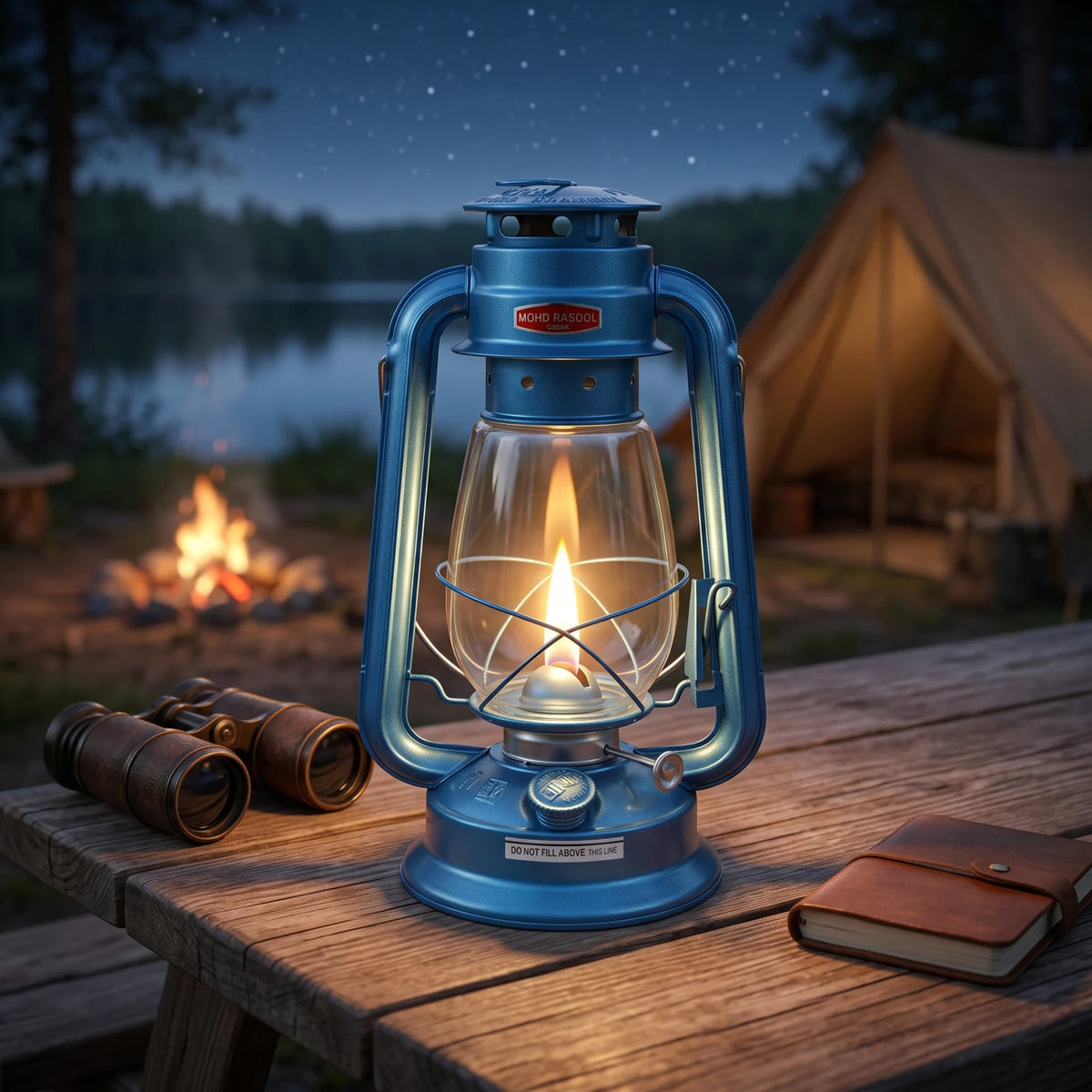 MOHD RASOOL Hurricane Lantern – 30 x 14 x 18cm | Blue Metal Frame | Clear Glass Globe | Protective Wire Guard | Liquid-Fuel Camping Light