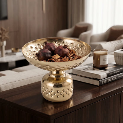 Gold-Toned Metal Decorative Bowl Small – 16 x 18 x 18 cm | Pedestal Base | Embossed Floral Pattern | Reflective Finish