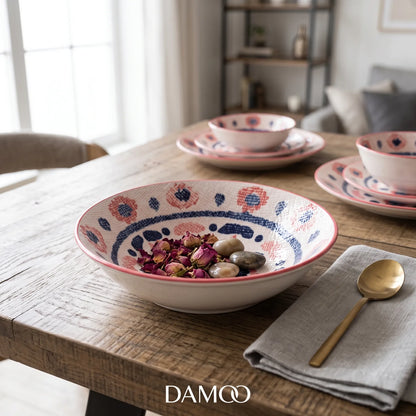 22 CM Porcelain Bowl – Glossy White Finish, Red and Pink Rim, Dark Blue Floral Geometric Pattern | Decorative Tableware Bowl