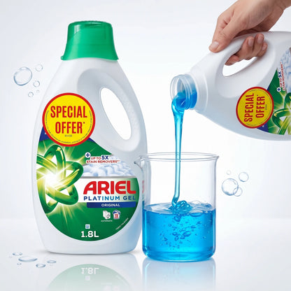 Ariel Platinum Gel Liquid Laundry Detergent Original 1.8 Liters – Up to 5X Stain Removers, Automatic Washing, 18 Washes