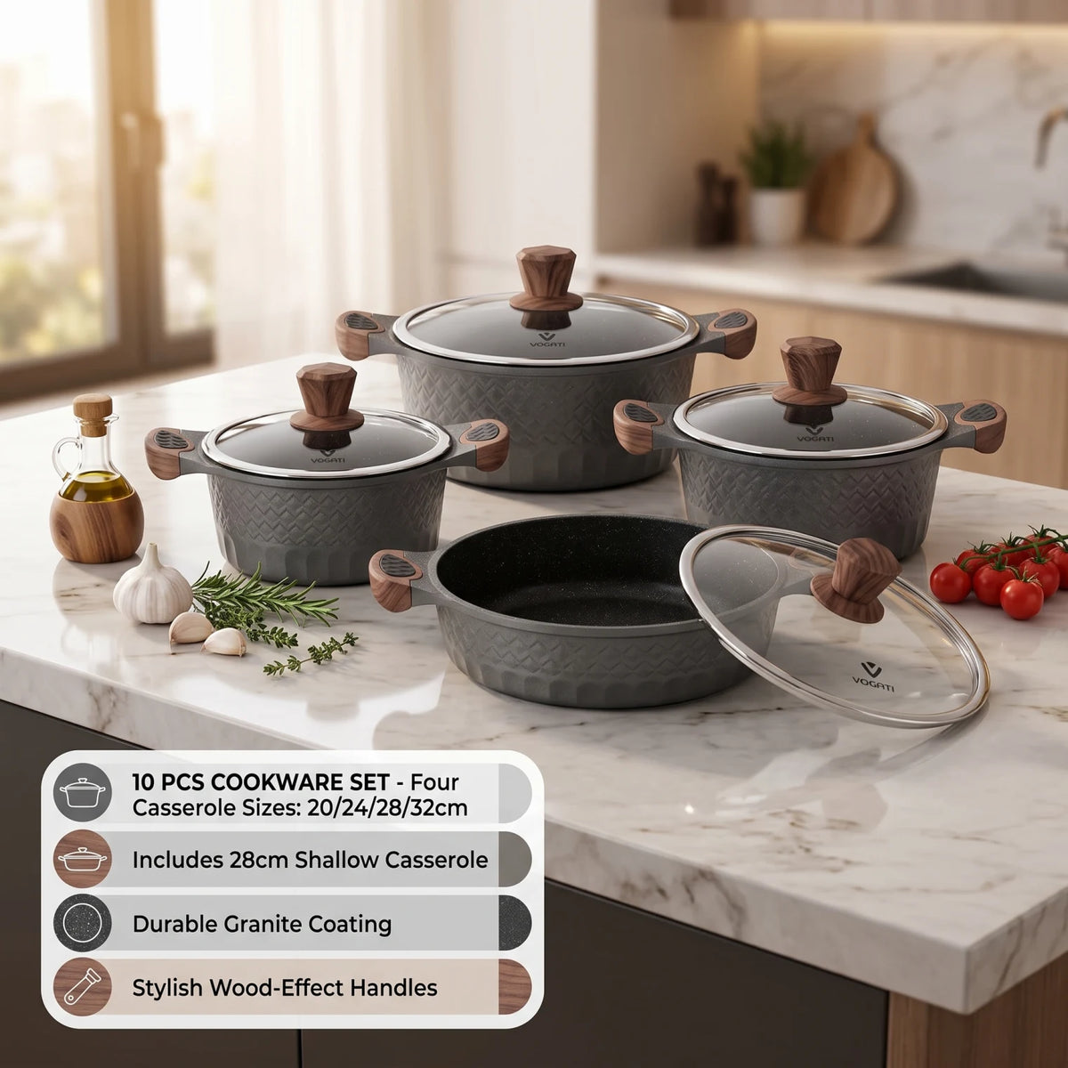 VOGATI (Mega Series) 10 pcs Cookware Set in Grey – Casserole Pots 20/24/28/32cm, Shallow Casserole 28cm Kitchen Cooking Set