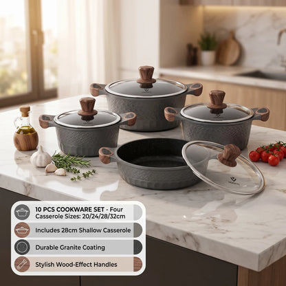 VOGATI (Mega Series) 10 pcs Cookware Set in Grey – Casserole Pots 20/24/28/32cm, Shallow Casserole 28cm Kitchen Cooking Set