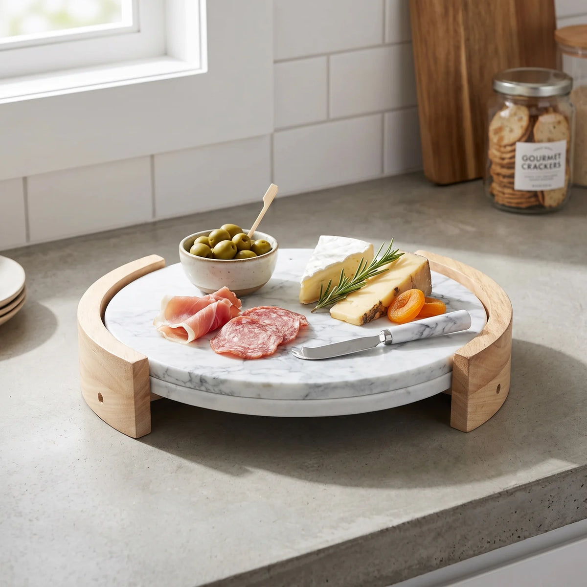 Round Marble Serving Tray with Wood Stand – 25 × 28 × 5 cm Elevated Display and Serving Tray