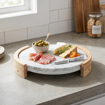 Round Marble Serving Tray with Wood Stand – 25 × 28 × 5 cm Elevated Display and Serving Tray