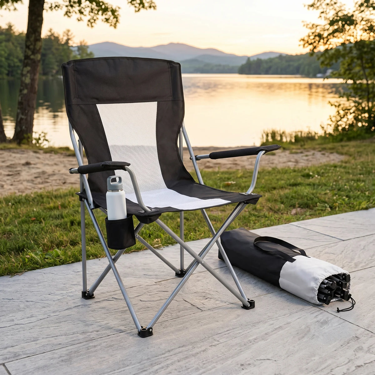 Portable Foldable Outdoor Camping Chair – 94 x 64 x 73 cm | Padded Armrests, Built-In Cup Holder | Folding Leisure Seat for Camping - Black-White - Image 3