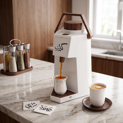 MAHRA 1.9 Liter Vacuum Flask – Leak-Proof Hot & Cold Beverage Jug with Handle, Push Dispensing and Interchangeable Tea, Coffee & Karak Signs - White/Wooden - Image 3