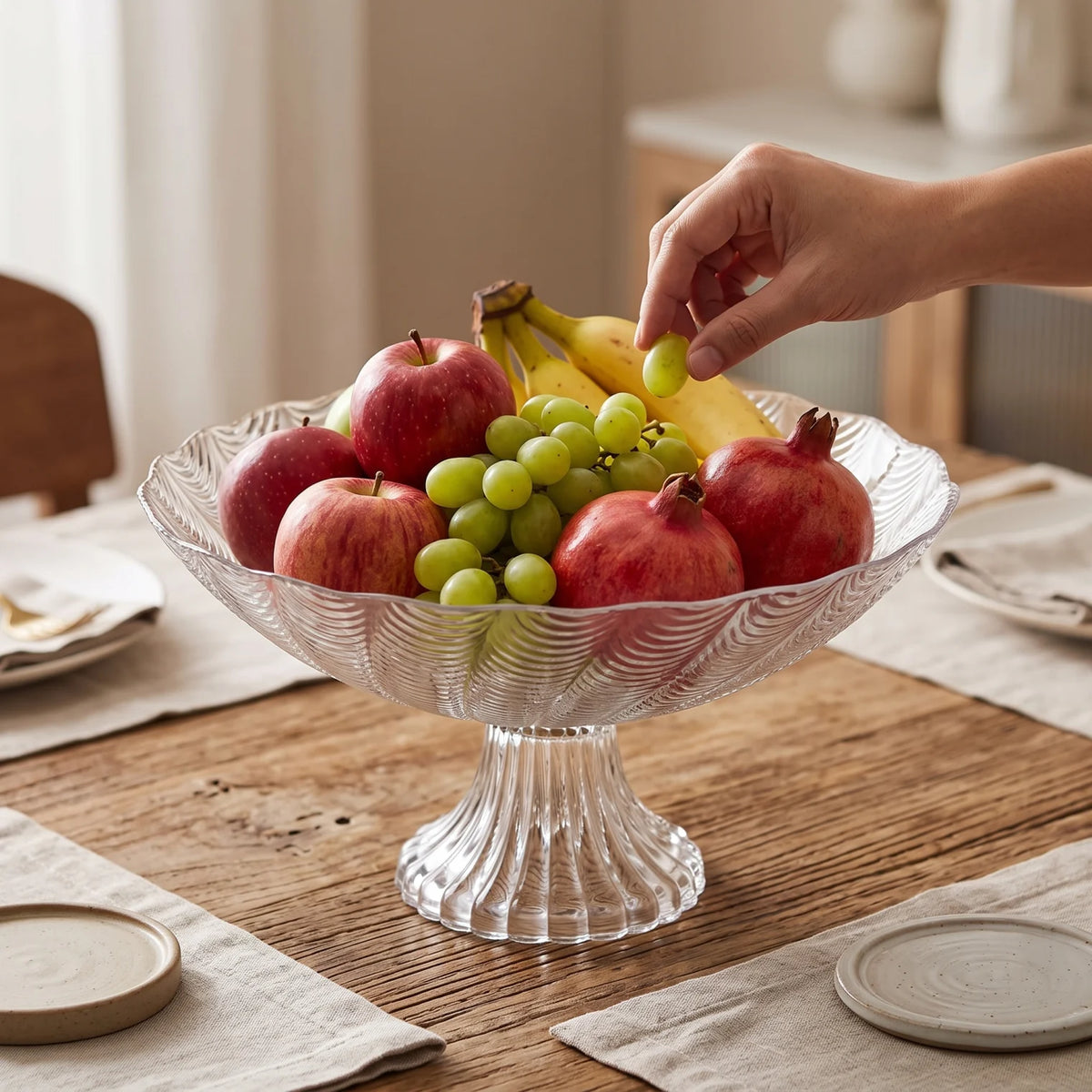 Decorative Glass Pedestal Fruit Bowl – 25cm Spiral Ribbed Fluted Design | 14cm High Bowl for Fruits, Ice Cream, Trifle and Desserts