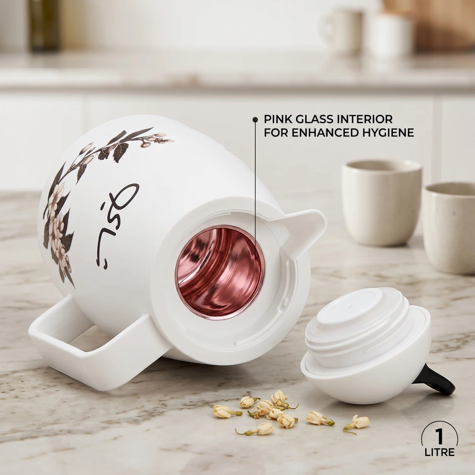 Crystal House vaccum flask – 1 Liter | Floral Branch Design, Arabic Chai Calligraphy, Leak-Proof Tea and Coffee Flask