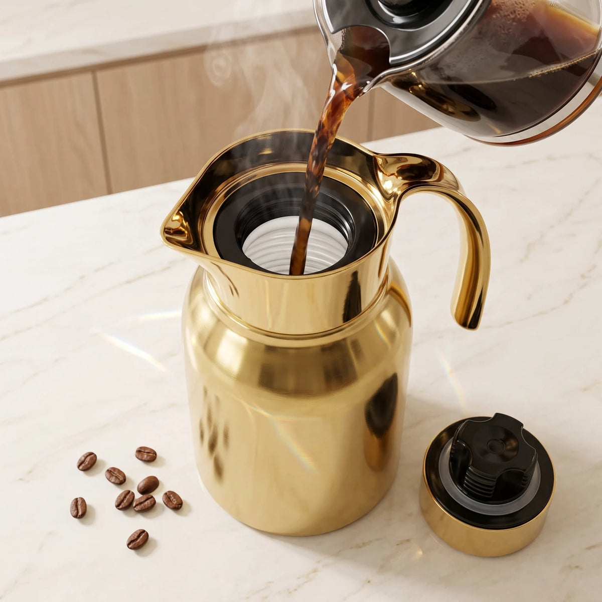 Helios Premium Gold-Finish Stainless Steel Vacuum Flask 1.0 Liter – Leak Proof | Keeps Tea & Coffee Hot 12 Hours, Cold 24 Hours
