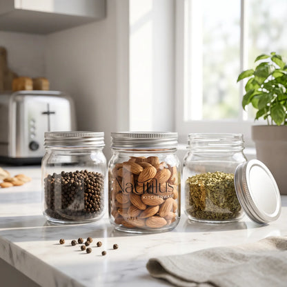 Natilis Glass Storage Jar with Steel Lid – 9 cm Height, 8 cm Width | Clear Cylindrical Kitchen Container with Ribbed Screw Lid