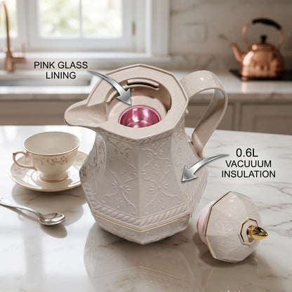 Rose Beige Premium Vaccum Flask – 0.6 L | Ornate Floral Pattern | Leak-Proof Tea and Coffee Thermos
