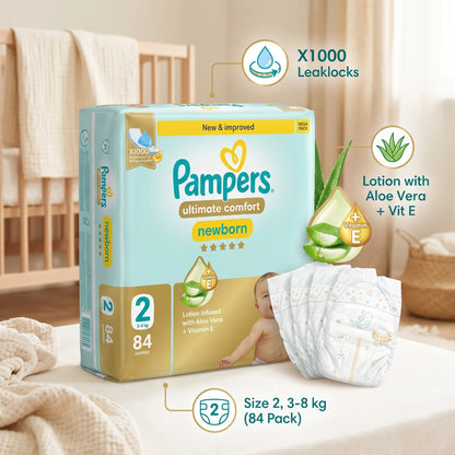Pampers Newborn Ultimate Comfort Size 2, 3–8 kg, 84 Diapers Mega Pack | Aloe Vera & Vitamin E Lotion | X1000 Leaklocks Protection