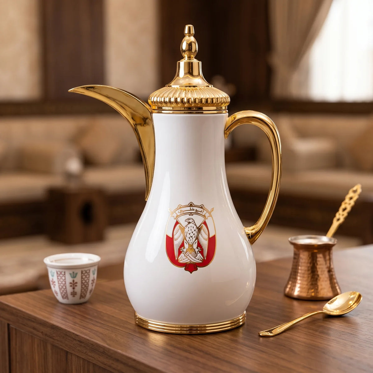NGT Abu Dhabi Sign Vacuum Flask for Arabic Coffee 1 Liter – White and Gold Decorative Dallah Design with Curved Spout and Ribbed Lid