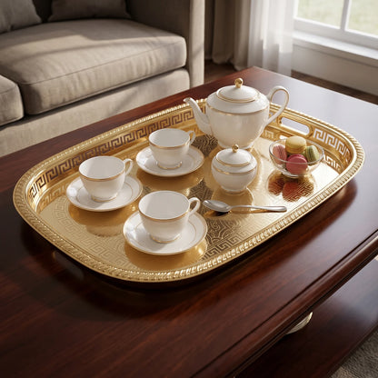 M.E.W Luxury Metal Serving Tray with Mirrored Center – Small, Medium or Large | Silver or Gold | Engraved Greek Key Border - Gold / Medium - Image 3