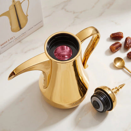 Ansa Stainless Steel Arabic Vaccum Flask – 0.65 Litre | Pink Glass Interior | Leak Proof Tea & Coffee Serving Flask - Plain Gold - Image 3