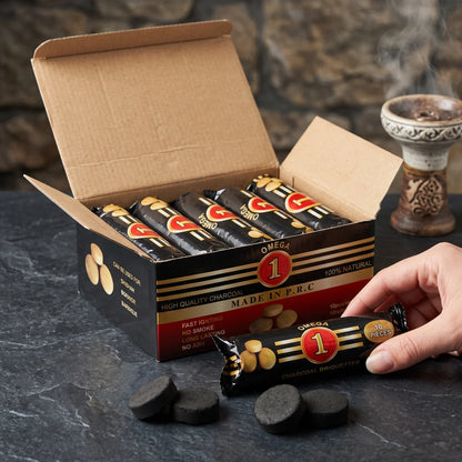 Omega 1 High Quality Gold charcoal – 10 Pieces per Roll, 10 Rolls per Box | Fast-Igniting Natural Charcoal Briquettes