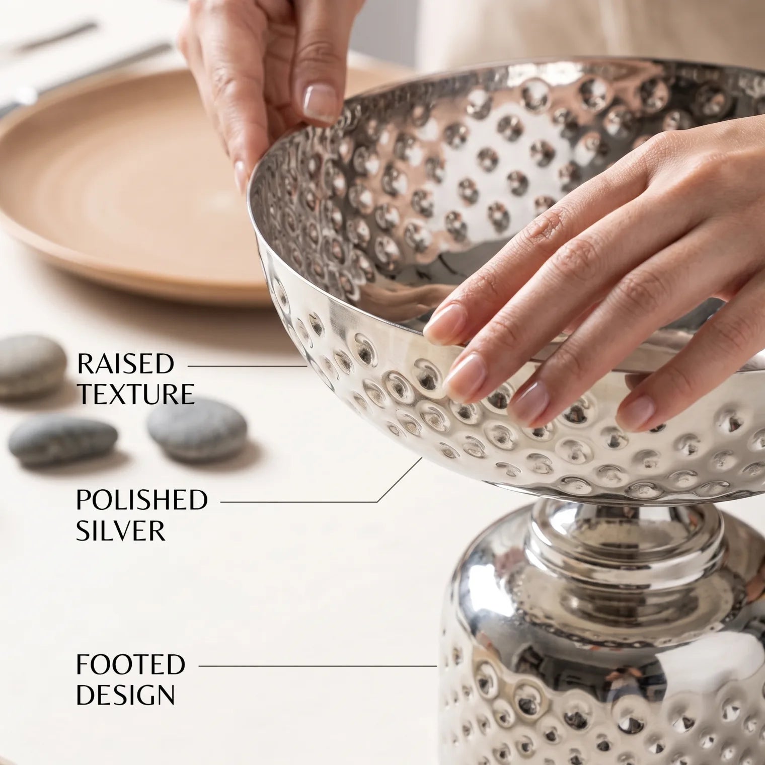 Silver Metal Decorative Fruit Bowl (Large) – 23 x 26 x 26 cm | Footed Design | Raised Textured Pattern | Tabletop Display