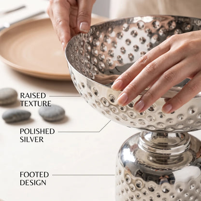 Silver Metal Decorative Fruit Bowl (Large) – 23 x 26 x 26 cm | Footed Design | Raised Textured Pattern | Tabletop Display