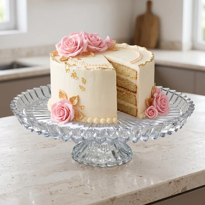Glass Decorative Pedestal Cake Stand – 29cm Fluted Starburst Rim | 9cm Height | 10cm Base | Dessert Display