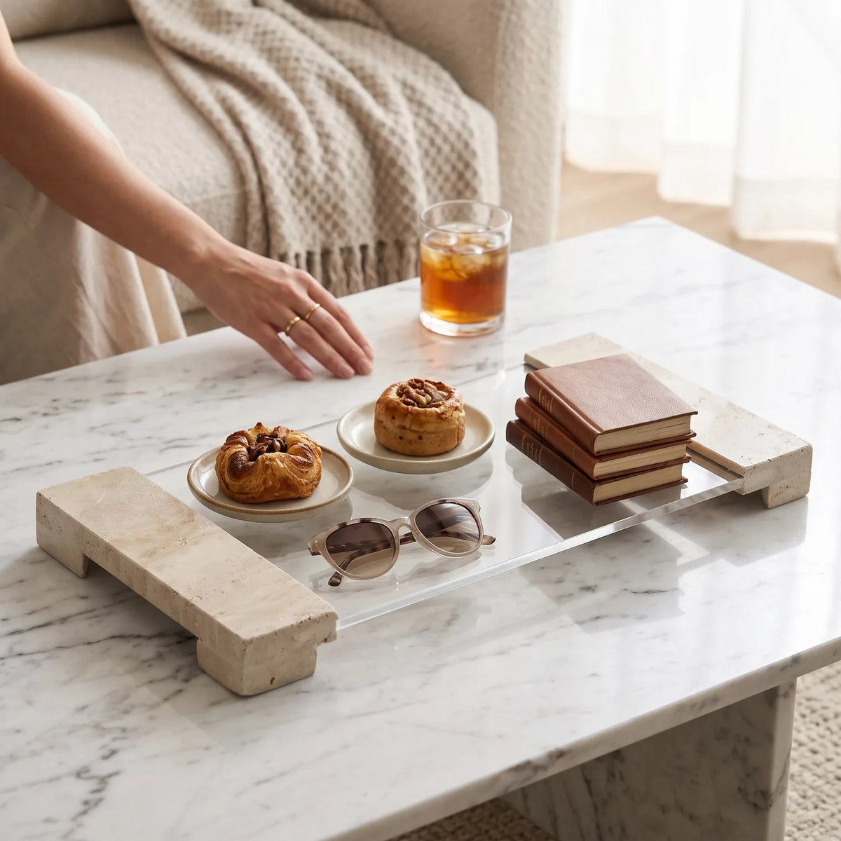 Glass Decorative Serving Tray – 49 x 20 x 4 cm | Natural Stone Handles & Legs