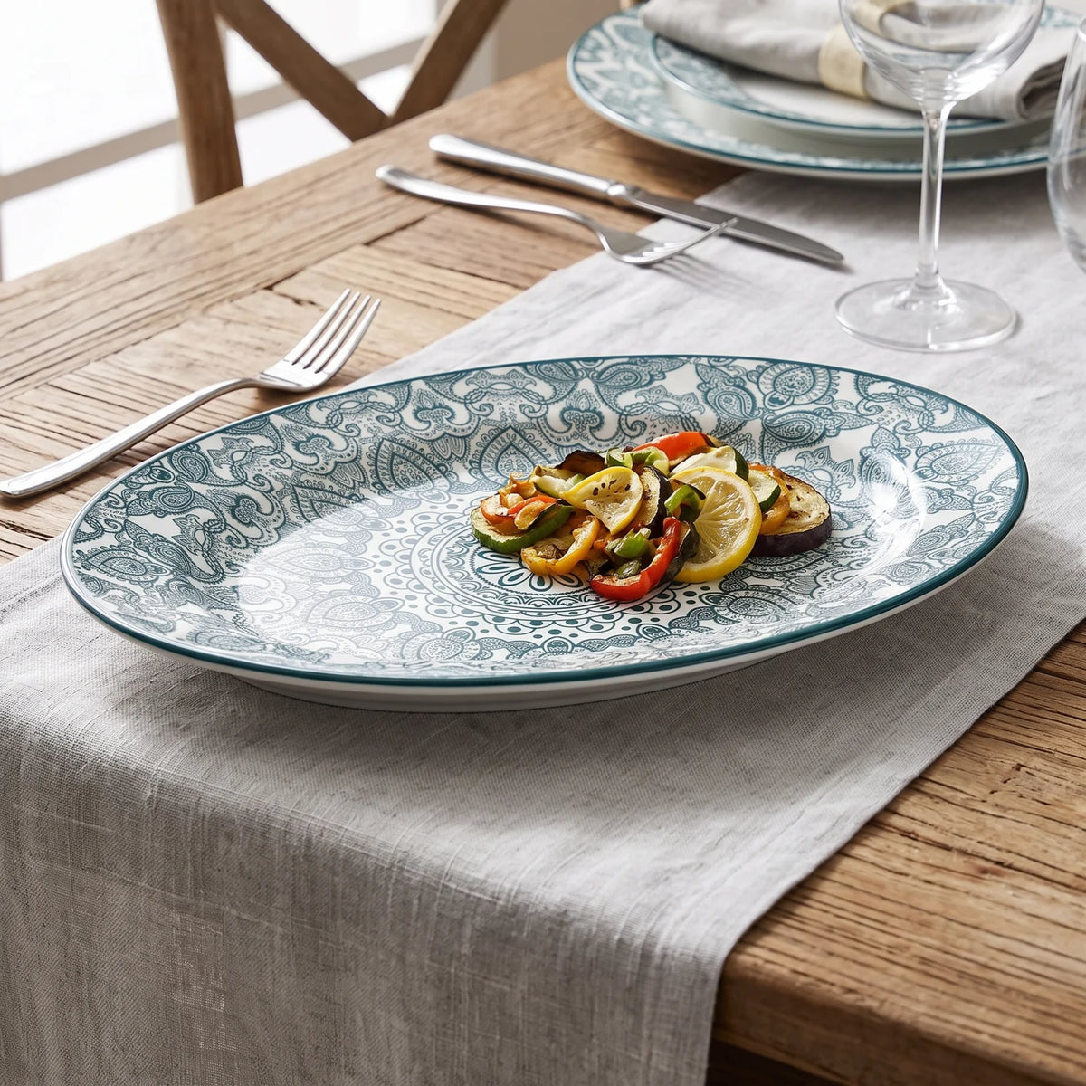 Che Brucia Oval porcelain plate – 30 CM or 35 CM | Green or Blue | Glossy Decorative Porcelain Serving Plate with Raised Rim and Ornamental Pattern - Green / 35 CM - Image 3