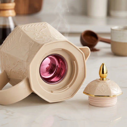 Rose Sand-beige Premium Vaccum Flask 0.6L | Ornate Floral Pattern | Plastic Body | Leak Proof Tea and Coffee Flask