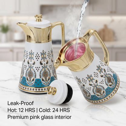 Regal 2 Piece White-Gold Arabic Ornate Blue Patterned Vacuum Jug Set – 0.5L + 1.0L | Tea & Coffee