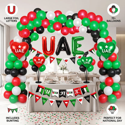 UAE national day baloon set – Red, Green, Black & White Balloons with UAE Letter Balloons and Flag Bunting