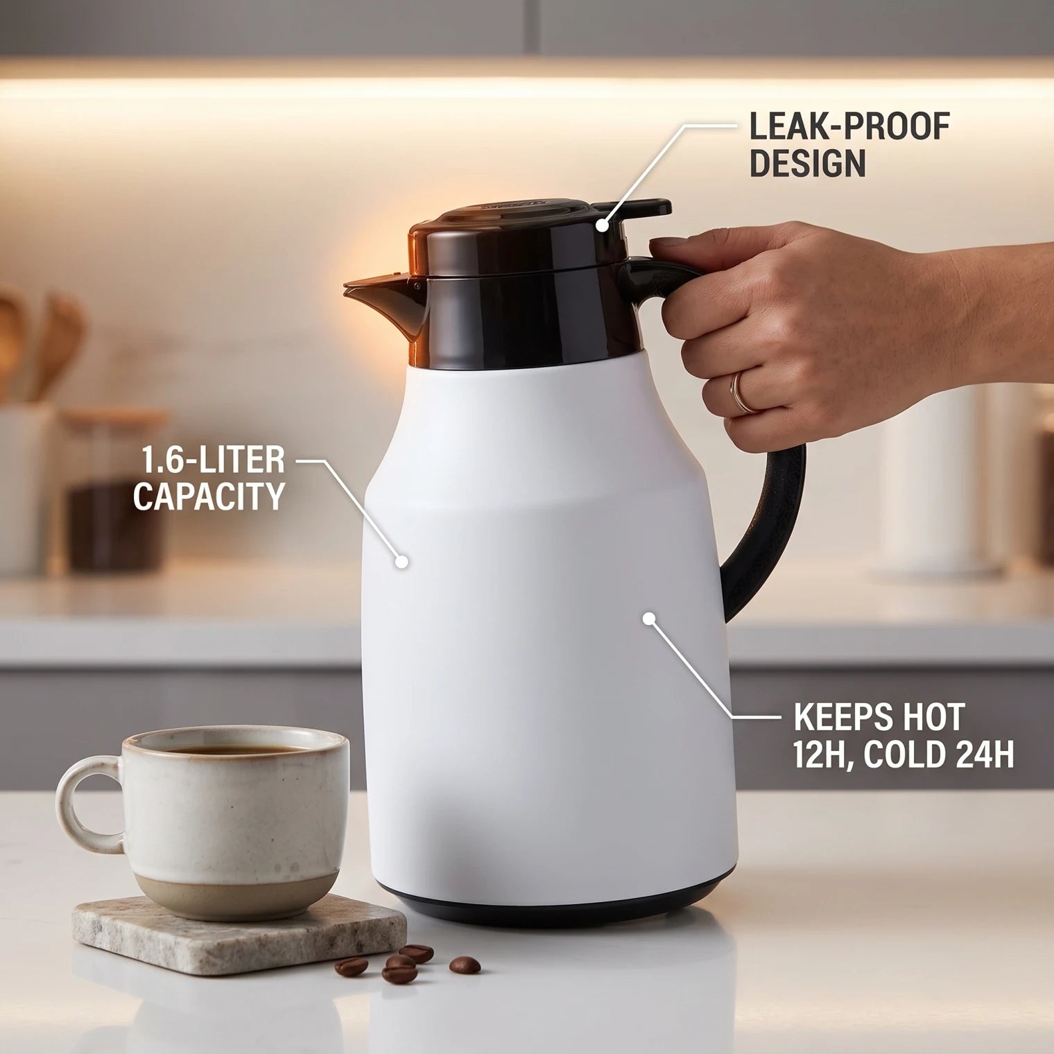 Proctor Silex Regal Stainless steel vaccum Jug 1.6 Liters – White Matte | Leak Proof | Keeps Tea and Coffee Hot or Cold