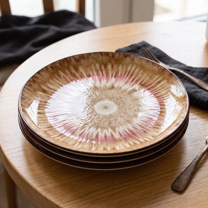 26 CM Porcelain Dinner Plate – Beige Sunburst Pattern, Dark Brown Rim and Glossy Finish for Everyday Dining