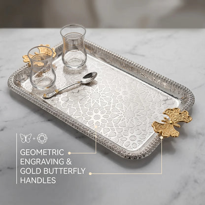 Rectangular Silver-Finished Serving Tray 31 x 17 cm – Geometric Engraving | Gold-Toned Butterfly Handles