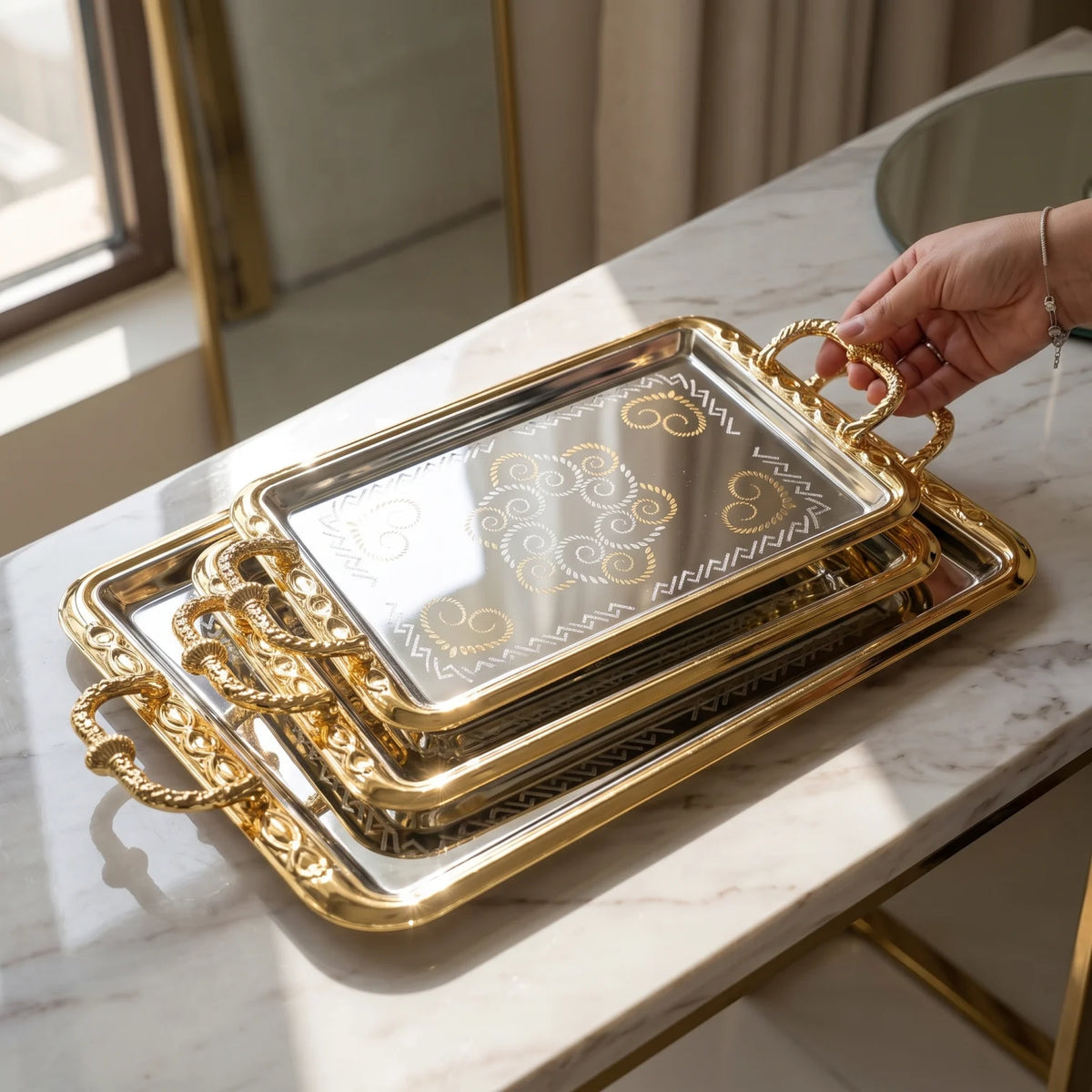 ARGTE Luxury 3-Piece Rectangular Serving Trays Set – Metallic Trays with Gold-Toned Handles and Floral-Etched Mirrored Bases