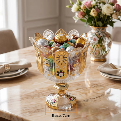 M.E.W Elegant Glass Candy Bowl – 14 cm Gold Panel Design with Raised Floral Enamel, Decorative Sweet Serving Bowl for Candies and Chocolates