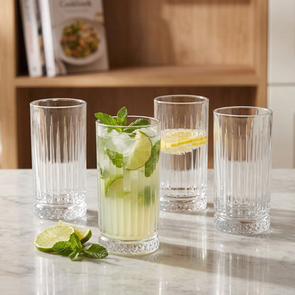 Pasabahce Elysia High Quality 4-Piece Glass Set, 435 CC Clear Tumblers | Ribbed Fluted Sides & Faceted Bases for Everyday Drinks and Table Serving
