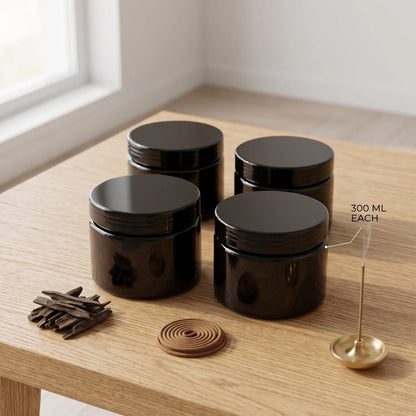 Black Incense Jar Set of 4 – 300 ML Each | High-Density Plastic Storage Containers for Organised Incense Storage at Home